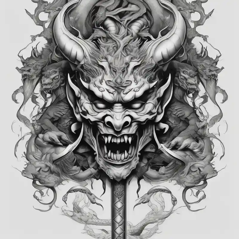 surreal style Guardian Angel Tattoo Forearm Male Ideas in 2025 & free generation about Back Tattoo with An Oni With a broken mask and a Sword and Dragons & snakes guardian angel tattoo forearm male